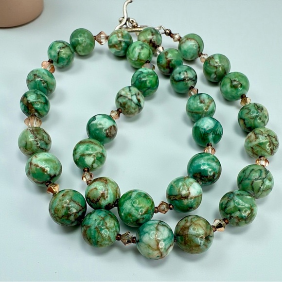 African Turquoise Jasper & Crystal Beaded Necklace w/ Silver Toggle Clasp 20” - Picture 11 of 17